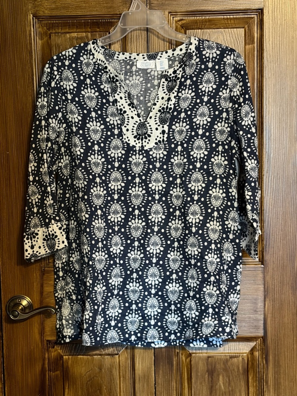 Sigrid Olsen Blue and White Printed V-Neck  Boho Chic Tunic 100% Linen